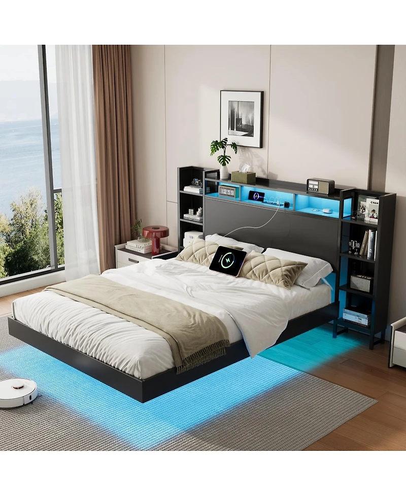 Streamdale Furniture Floating Bed Frame with Led Lights Usb Charging Station and Storage Headboard