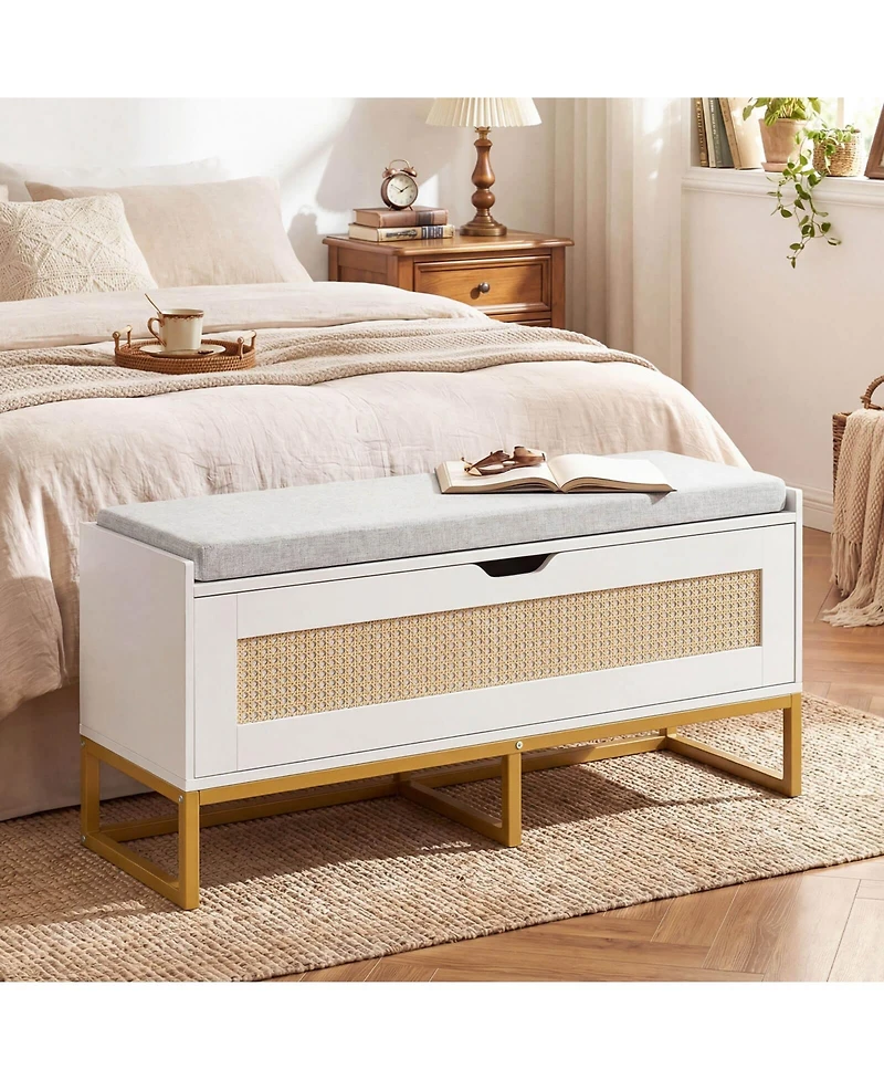 Costway 39.5" Rattan Storage Chest with Padded Seat, Flip-Top and Safety Hinges for Bedroom