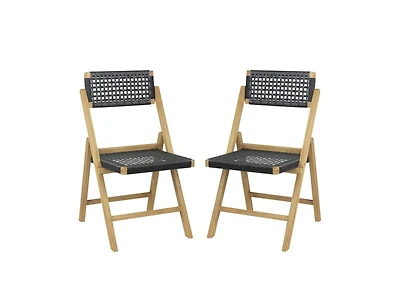 Lucky One Set of 2 Folding Teak Wood Dining Chairs with Woven Rope Seat and Back