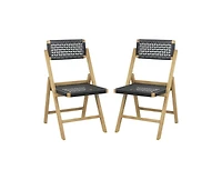 Lucky One Set of 2 Folding Teak Wood Dining Chairs with Woven Rope Seat and Back