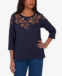Alfred Dunner Petite Autumn Embroidered Navy Knit Top