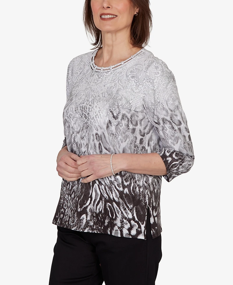 Alfred Dunner Petite Mono Ombre Animal Print Top