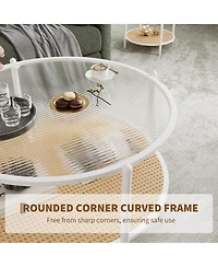 homfan Round 2-Tier Coffee Table with Tempered Glass Top and Rattan Shelf, Metal Frame Center Table for Living Room, Apartment, Small Space