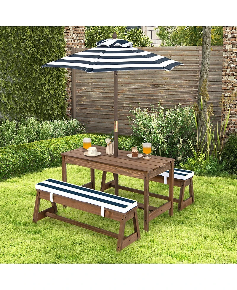 Gymax Kids Wood Picnic Table and Bench Set With Cushions Umbrella for Indoor Outdoor
