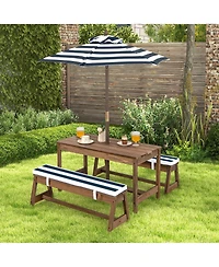 Gymax Kids Wood Picnic Table and Bench Set With Cushions Umbrella for Indoor Outdoor