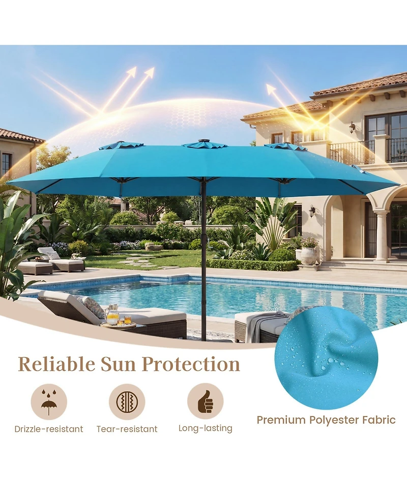 Gymax 15 Ft Double-Sided Patio Umbrella 48 Solar Led Lights Base Included for Pool