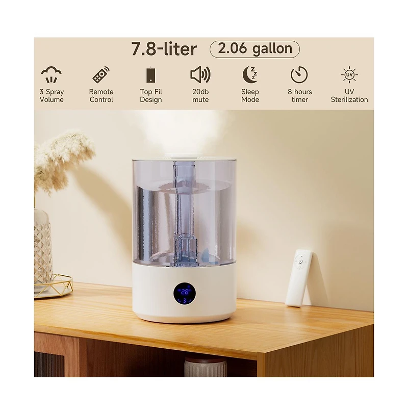 Topteng 2.1 Gal Humidifier with Remote, Uv-c Sterilization, 44H Runtime & 20dB Sleep Mode
