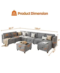 139.4" Chenille Reversible Sectional Sofa, 9-Seater Modular, Comfy Sleeper with Chaise, U-Shape Couch with Storage Seats and Ottomans, Grey