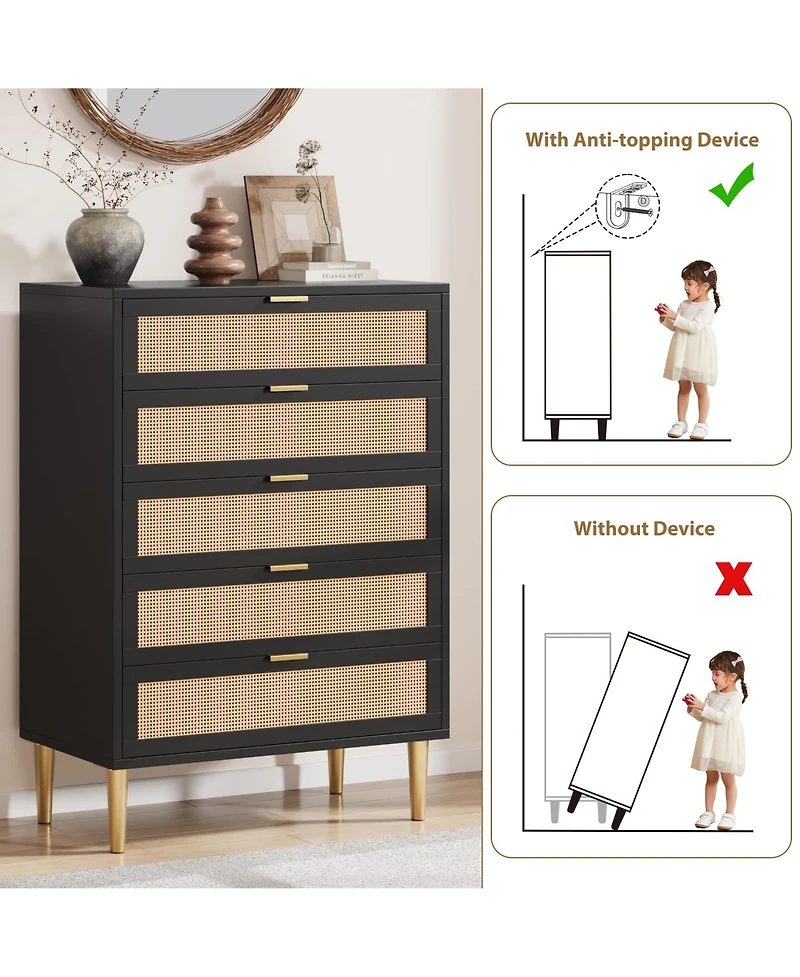 homfan Rattan-Style 5-Drawer Tall Dresser with Gold Legs and Handles, Anti-Tip Storage Tower for Bedroom, Living Room, Hallway