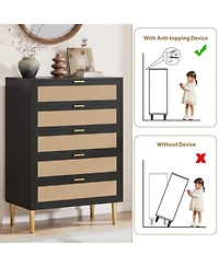 homfan Rattan-Style 5-Drawer Tall Dresser with Gold Legs and Handles, Anti-Tip Storage Tower for Bedroom, Living Room, Hallway