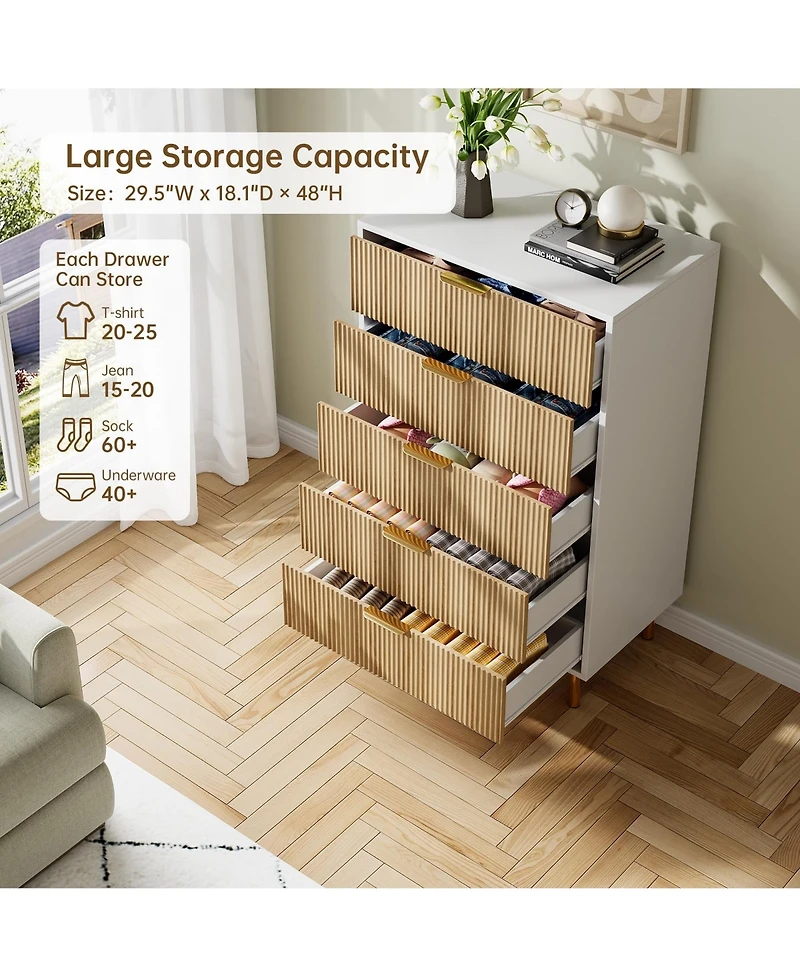homfan 5-Drawer Dresser with Gold Handles and Fluted Panel, Storage Chest for Bedroom, Living Room, and Hallway