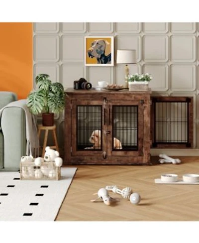 Homfan Chew Resistant Wooden Dog House Furniture For Small Medium Dogs Indoor Kennel End Table With Double Doors Secure Metal Frame