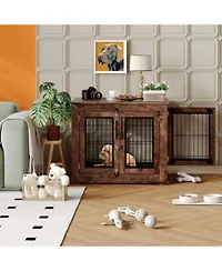Homfan Chew Resistant Wooden Dog House Furniture For Small Medium Dogs Indoor Kennel End Table With Double Doors Secure Metal Frame