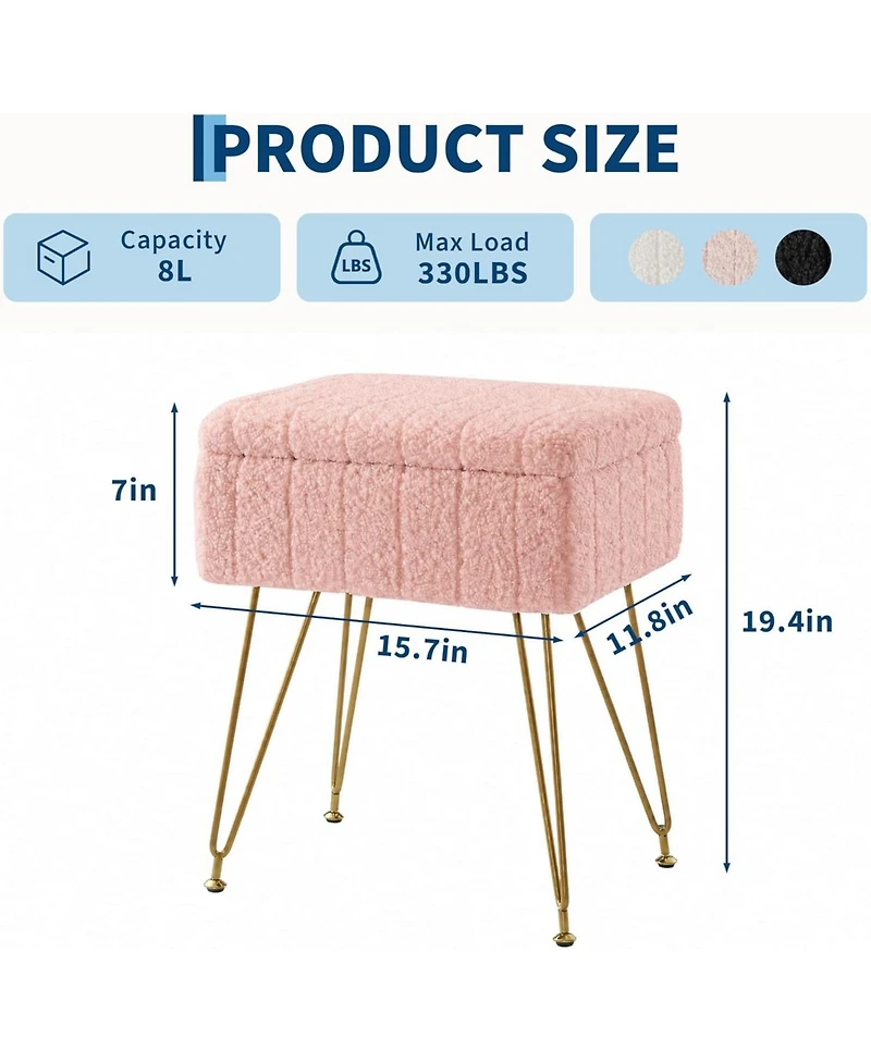gaomon Vanity Stool with Storage, Faux Fur Ottoman with Metal Legs and Anti-Slip Feet