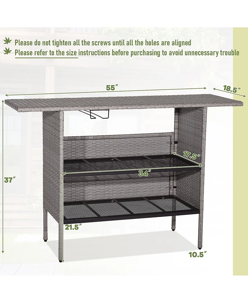 Gymax Patio Rattan Wicker Bar Height Counter Table Storage Shelf Rail Garden