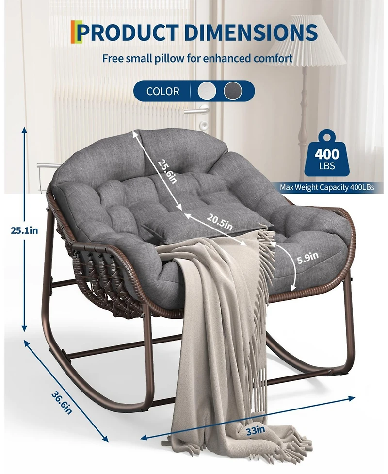 gaomon Outdoor Oversized Wicker Lounge Chair, Papasan Rocking Chair for Balcony Backyard Porch Bedroom
