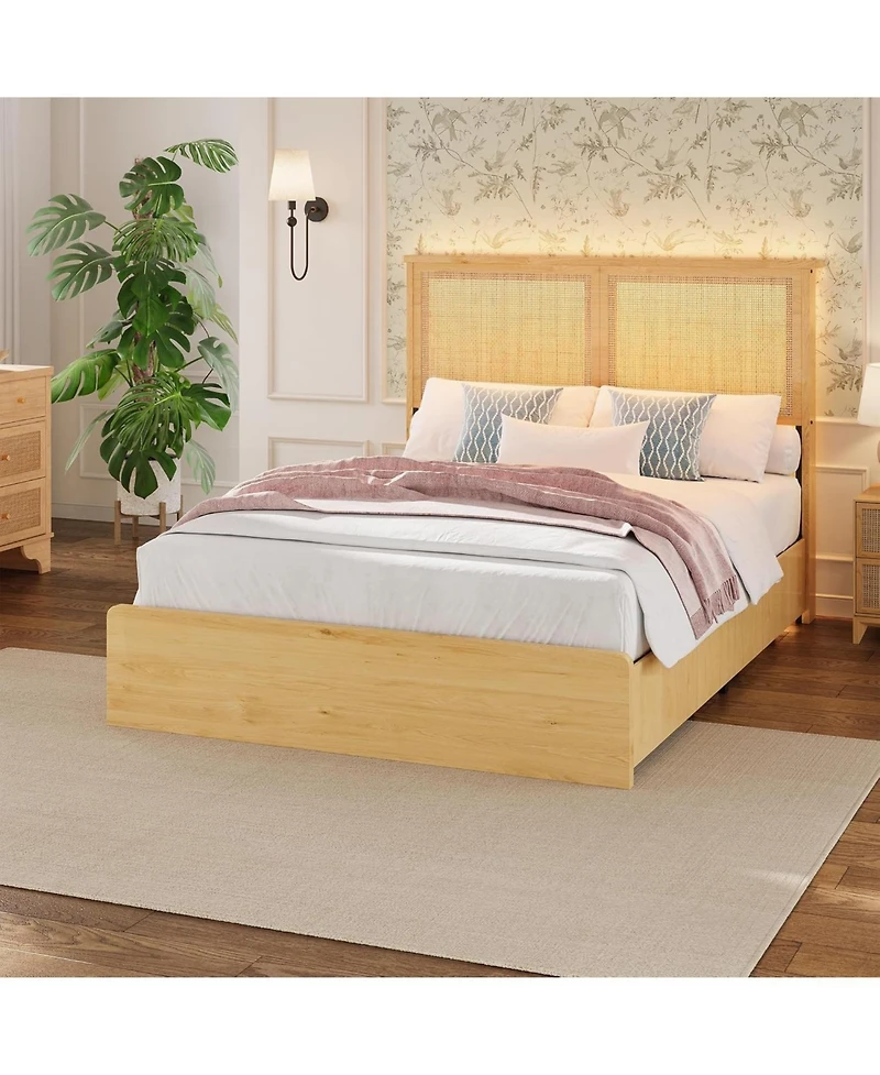 gaomon square rattan bed frame, 4 storage drawers, bohemian style Led bed, natural headboard, slatted support, no spring mattress required