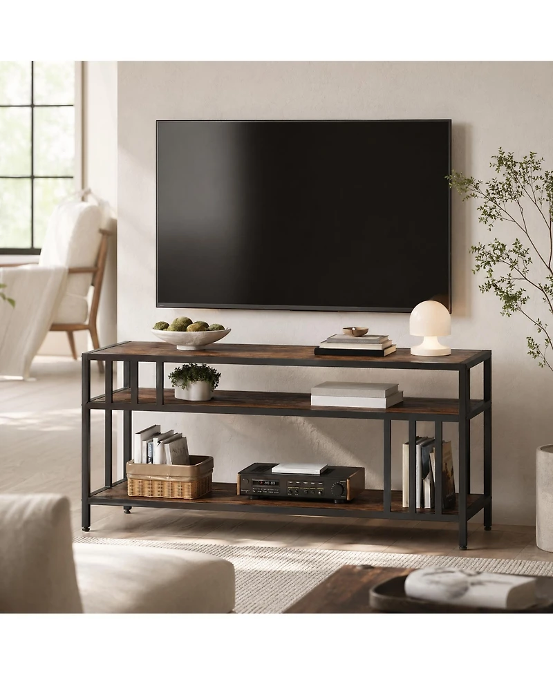 Homfan Spacious Rustic Tv Stand Media Console with Three Open Shelves, Sturdy Mdf and Iron Frame, Fits Larger Screens, Easy Assembly