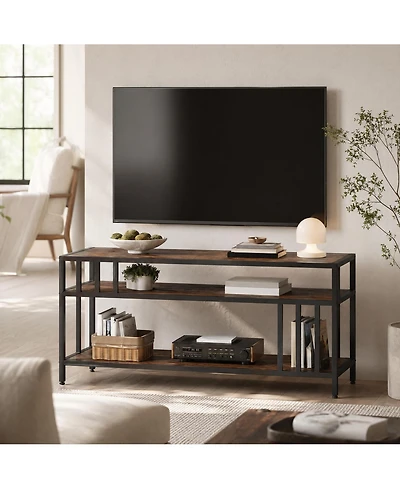 Homfan Spacious Rustic Tv Stand Media Console with Three Open Shelves, Sturdy Mdf and Iron Frame, Fits Larger Screens, Easy Assembly
