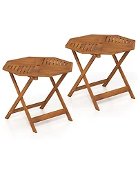 Gymax 2 Piece Solid Wood Patio Dining Table with Umbrella Hole Slatted Tabletop