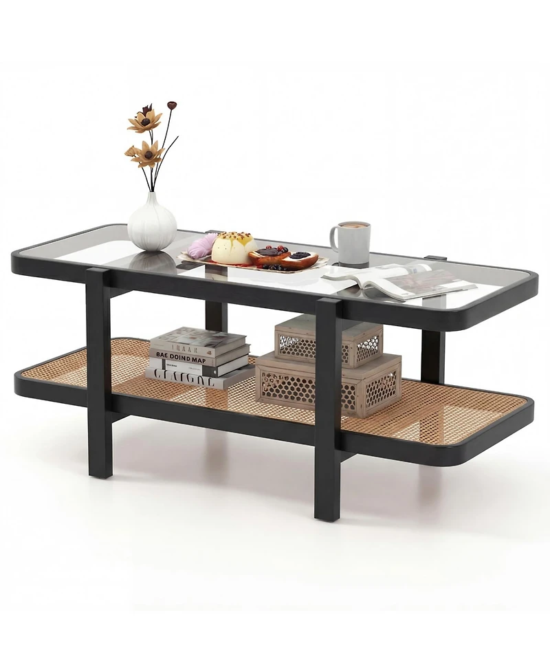 Slickblue Modern 2-Tier Coffee Table with Glass Top and Open Storage Shelf Design