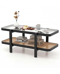 Slickblue Modern 2-Tier Coffee Table with Glass Top and Open Storage Shelf Design