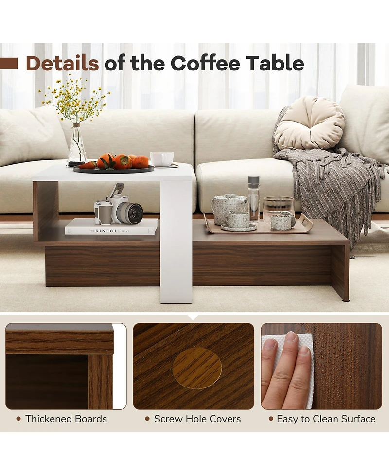 Slickblue Modern 2-Tier Coffee Table with Geometric Design and Storage Shelves
