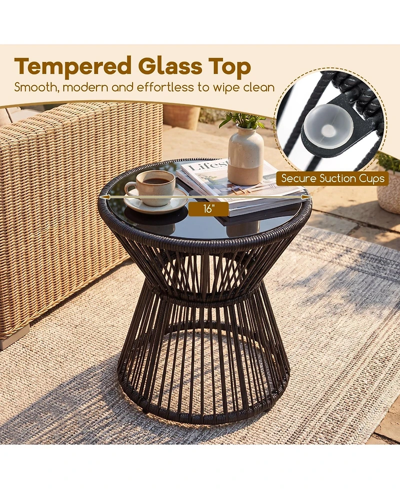 Gymax Outdoor Side Table with Led Warm Light Pe Rattan Hourglass-Shaped End Table