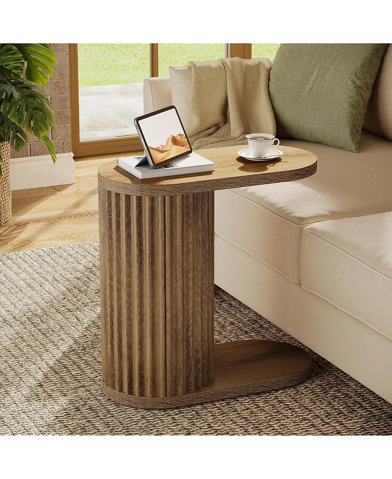 Tribesigns Fluted C-Shaped End Table, Modern Narrow Side Table with Oval Top and Storage Shelf, Accent Sofa Companion for Small Spaces