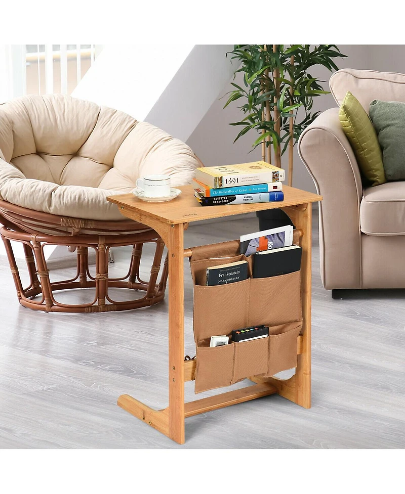 Gymax Bamboo Sofa Table Laptop Desk Coffee Snack End Table Bedside Table with Storage Bag