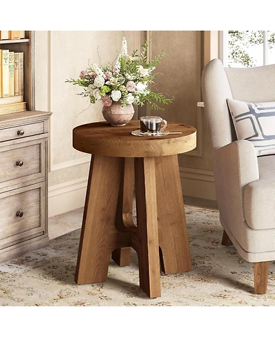 Tribesigns Solid Wood End Table, Farmhouse Round Side Table for Couch, Rustic Side Table with Heavy-Duty Legs, Small Bedside Table