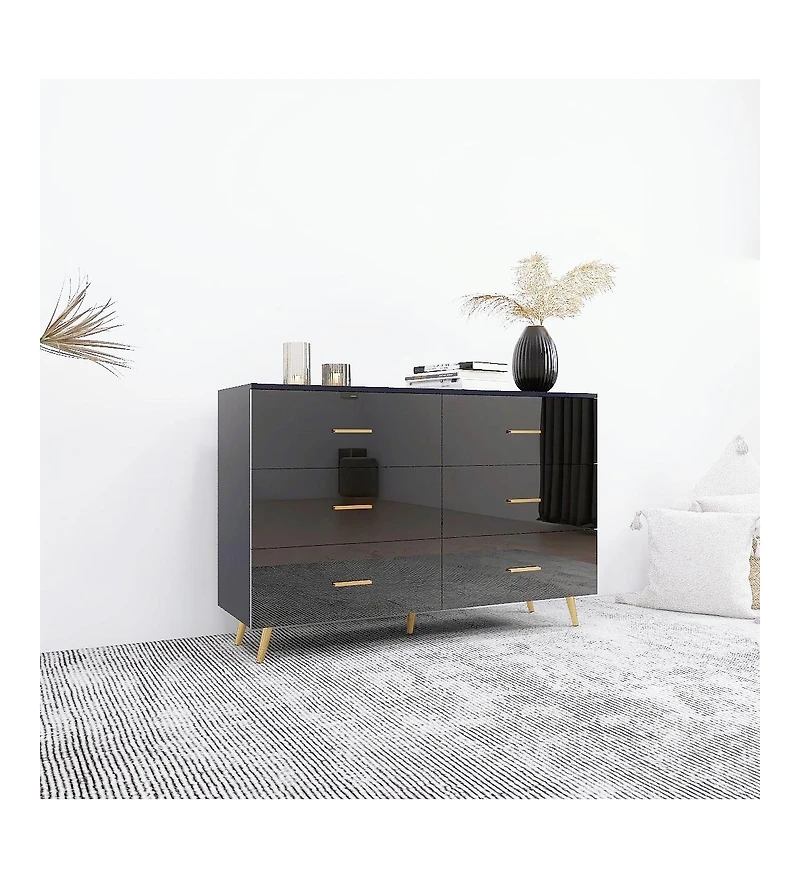Flynama High Gloss 6-Drawer Storage Chest with Golden Handles and Metal Legs Home Bedroom Vanity Cabinet