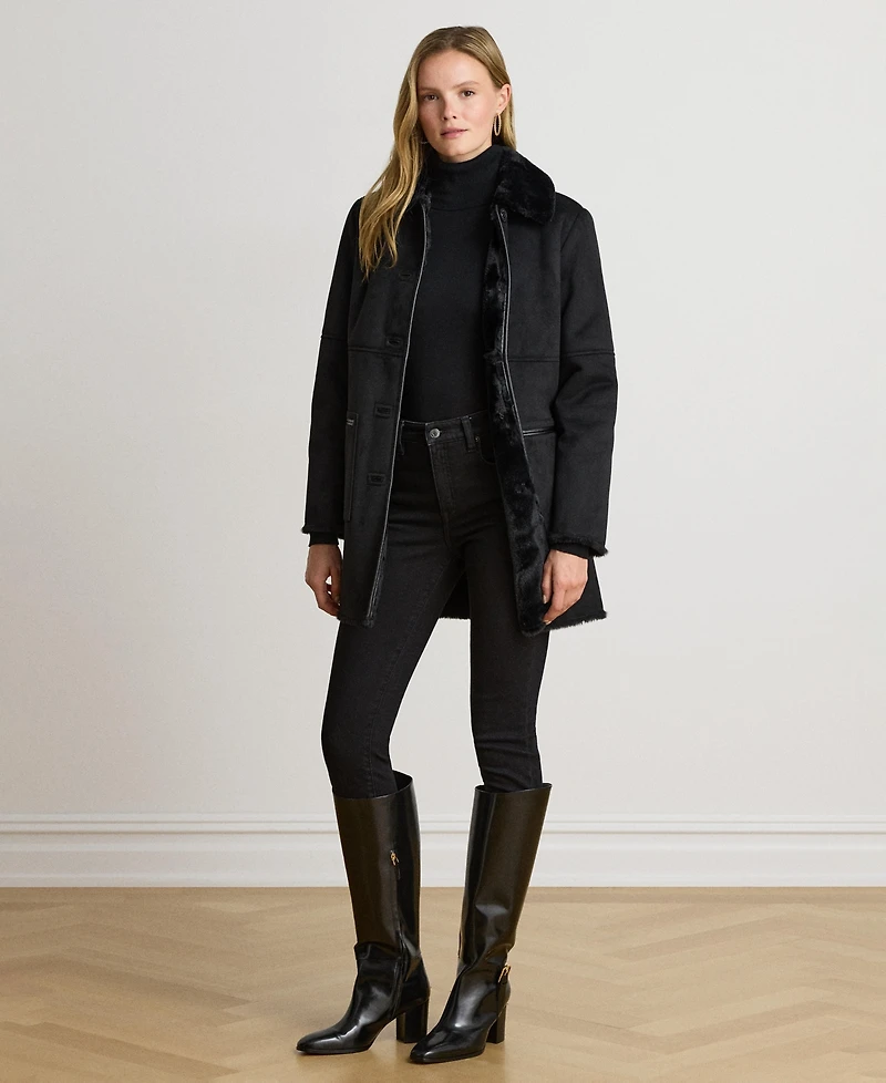 Lauren Ralph Women's Shearling Coat with Fur Collar