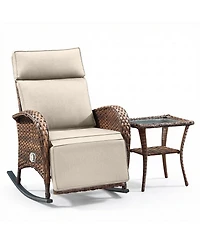 Pocassy Outdoor Recliner Chair for Patio, Wicker Reclining with Adjustable Backrest, Rattan Rocker Armchair Side Table