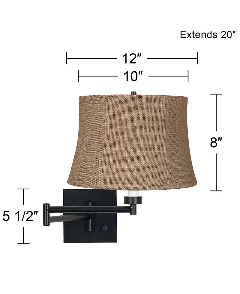 Franklin Iron Works Farmhouse Swing Arm Wall Lamp Espresso Plug-in 12" Light Fixture Burlap Drum Shade for Bedroom Bedside
