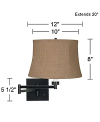 Franklin Iron Works Farmhouse Swing Arm Wall Lamp Espresso Plug-in 12" Light Fixture Burlap Drum Shade for Bedroom Bedside