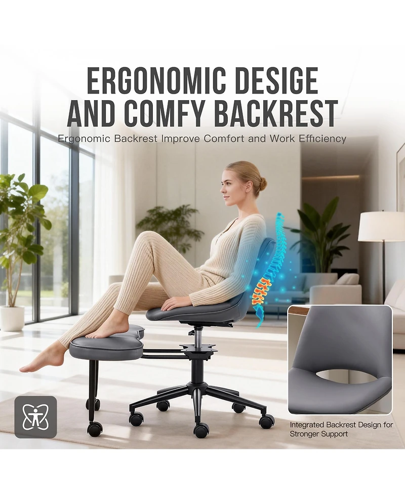 homfan Ergonomic Cross Legged Chair with Lumbar Support, 360degree(s) Swivel Meditation Chair with Wheels, Adjustable Height, Pu Leather