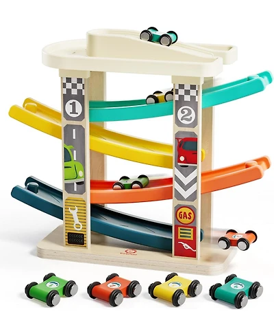 Top Bright Car Ramp Toys With 4 Cars Built-in Parking Lot And Gas Station Wooden Race Track Car Toy For Preschool Learning Activities Toddler
