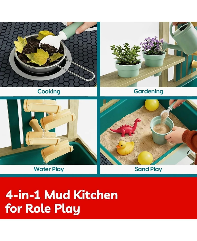 Top Bright 4 In 1 Mud Kitchen Pretend Play Toy For Kids Wooden Outdoor Playhouse Water Sand Play, Cooking Gardening Playset With Accessories Table Set