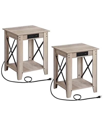 Slickblue Set of 2 End Table with Usb Charging Station and Storage Shelves for Bedroom