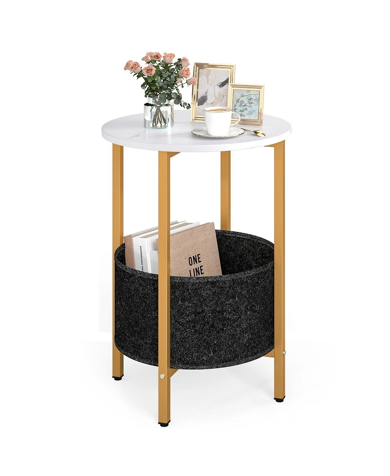 Slickblue Modern Round End Table 2-Tier with Fabric Storage Basket and Metal Base