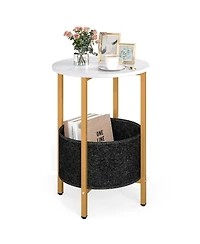 Slickblue Modern Round End Table 2-Tier with Fabric Storage Basket and Metal Base