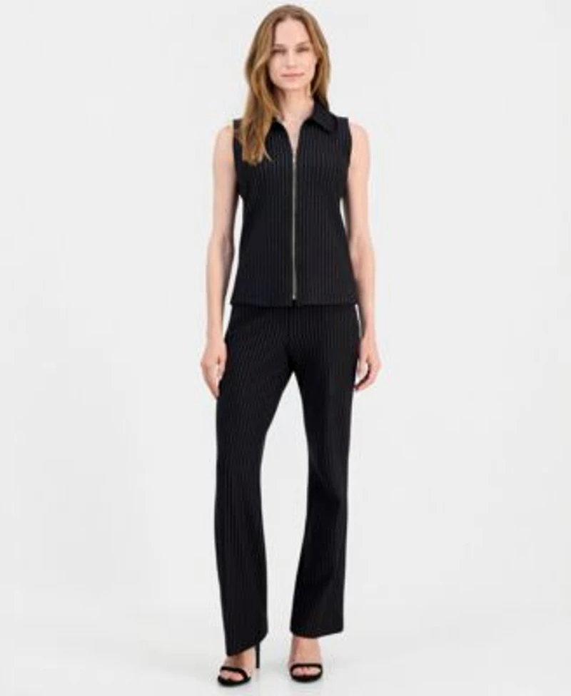 Anne Klein Womens Pinstriped Zip Front Sleeveless Top Mid Rise Pull On Pants