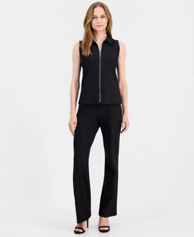 Anne Klein Womens Pinstriped Zip Front Sleeveless Top Mid Rise Pull On Pants