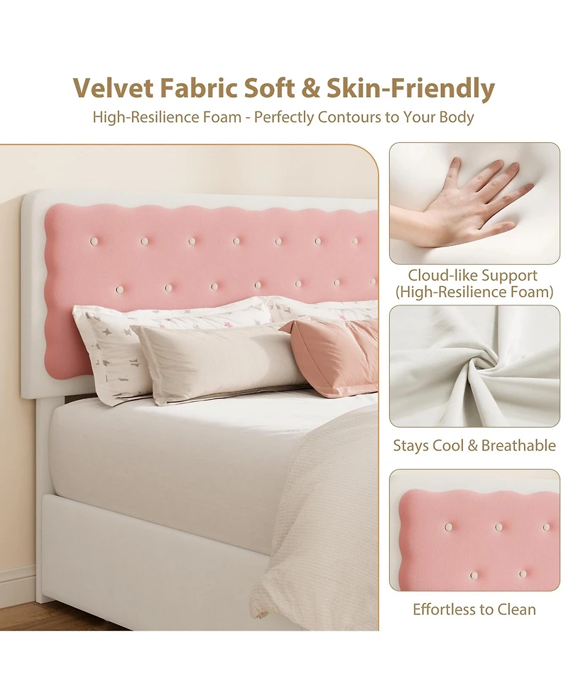 Velvet Upholstered Platform Bed with Biscuit Tufted Storage Headboard, Drawer, Sturdy Wood Slats, No Box Spring Needed