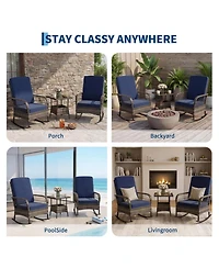 3-Piece Patio Sofa Set, Wicker Rockers with High Back and Side Table, Removable Thick Cushions, Smooth Gliding, For Porch, Garden, Balcony, Poolside
