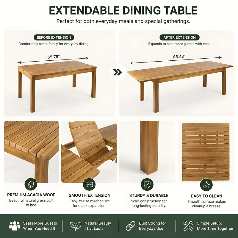 Asagikoiai 7-Piece Acacia Wood Patio Dining Set with Expandable Table and 6 Rope Chairs