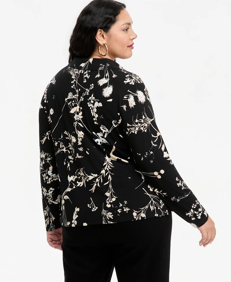 I.n.c. International Concepts Plus Floral-Print Johnny Collar Knit Blouse, Macy's Exclusive