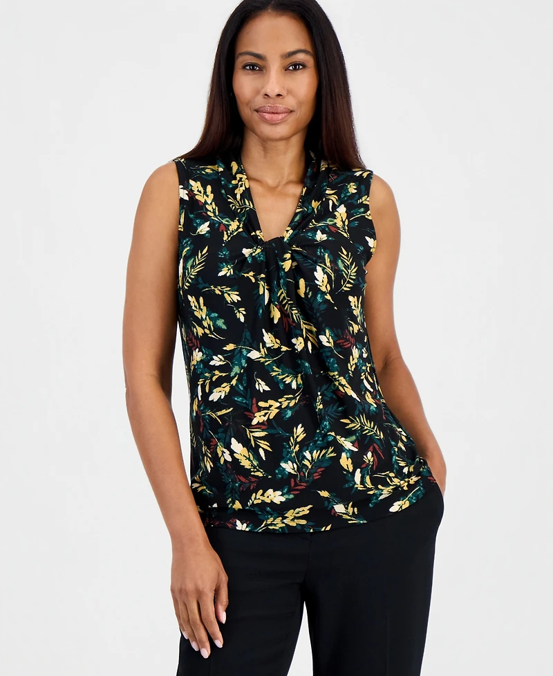 Kasper Women's Floral-Print Knot Neck Sleeveless Blouse