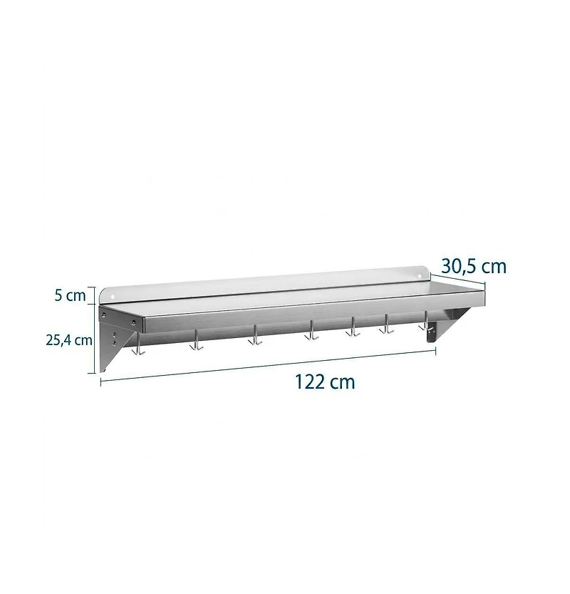Wall Mounted Shelf, 48 Inch Stainless Steel Floating Shelf with 7 Hooks for Kitchen or Pantry